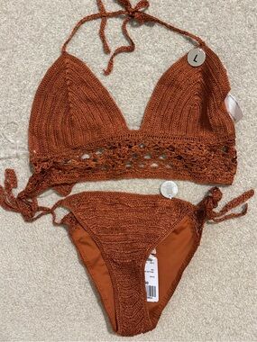 Forever 21 Crochet Knit 2-Piece Bikini Set Rust Resort Festival Beach NWT-Large
